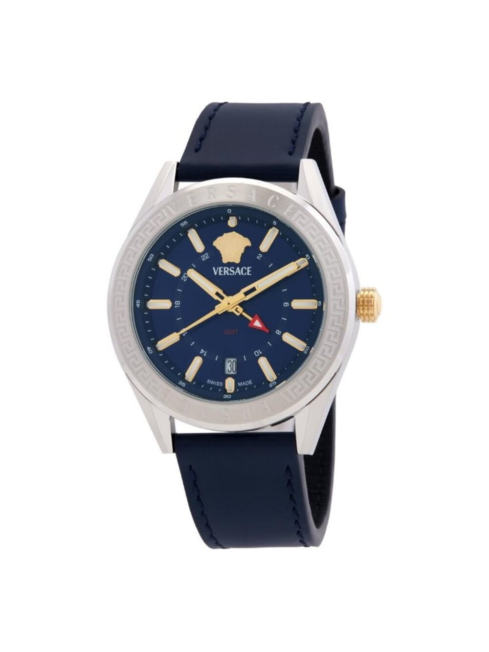 NWT Versace V-Code GMT Quartz Blue Dial Men's Watch